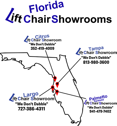 Florida Lift Chair Showrooms' locations in Tampa, Largo, Citrus, & Pamletto. Find a lift chair near you